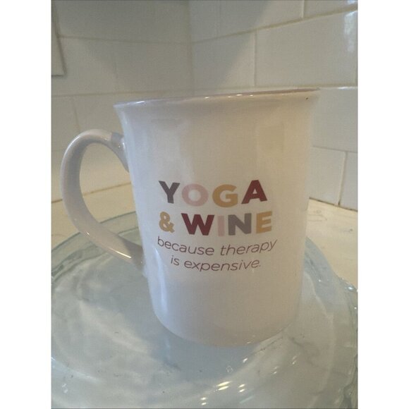 "YOGA & WINE -- BECAUSE THERAPY IS EXPENSIVE.", Ceramic Coffee Cup Mug Vintage - Picture 5 of 12